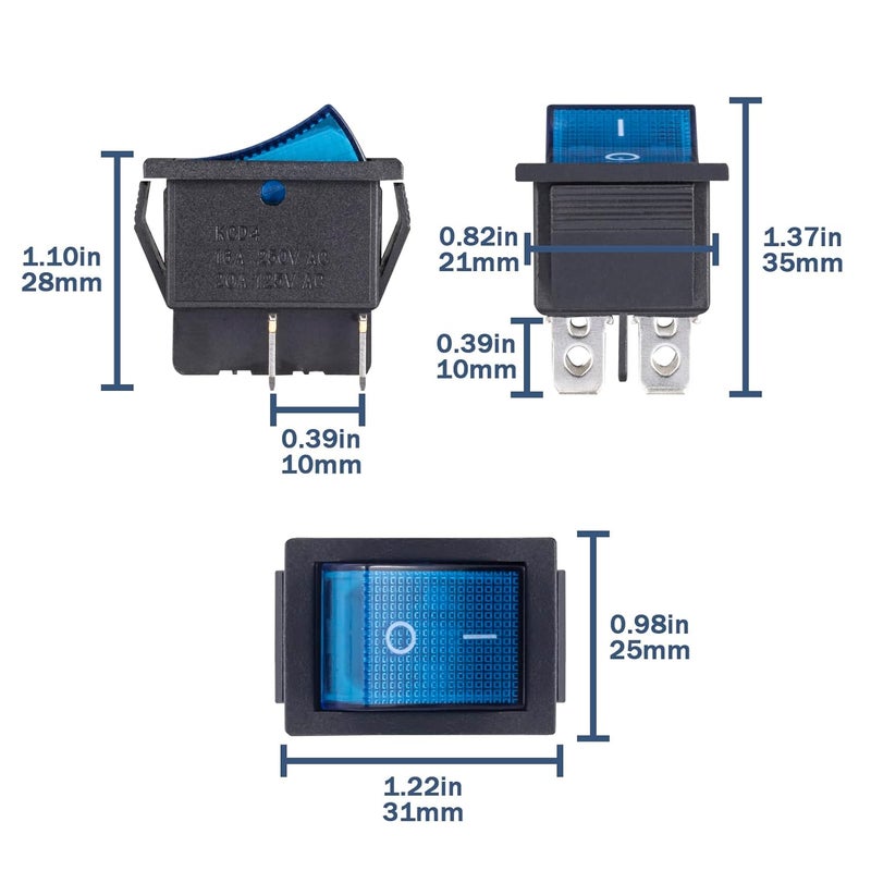 VEXUNGA 6pcs KCD4 Lighted Rocker Switch 20A 125V AC 16A 250V Blue Light Illuminated Mini Boat Rocker Switch On Off 4 Pin 2 Position DPST Snap Toggle Switches for Car Marine - Image 2